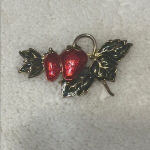 Vintage Strawberry Brooch with Green Leaves
